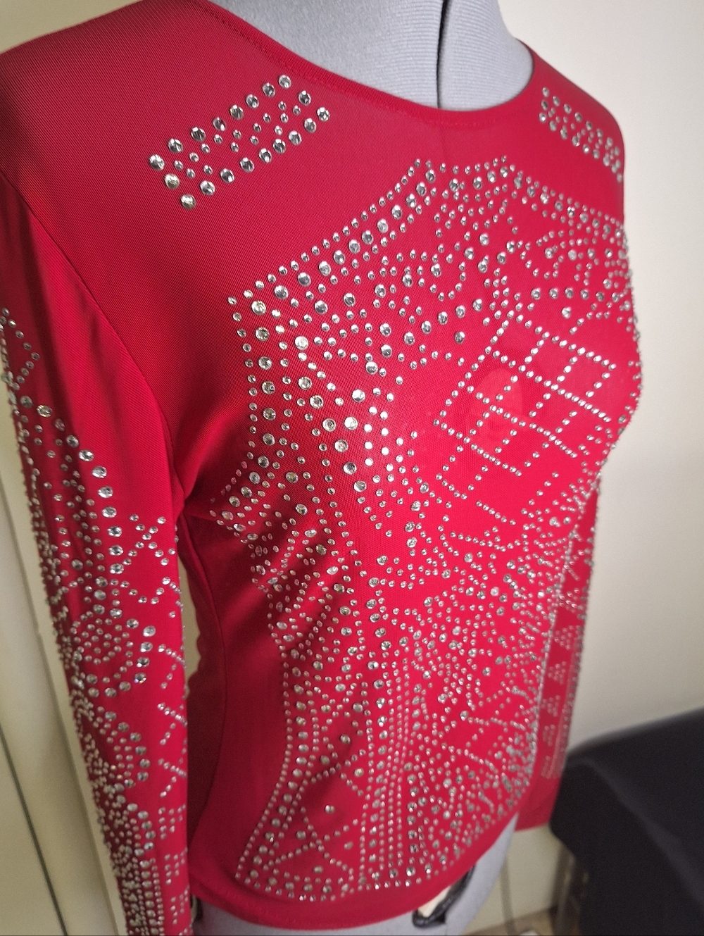 Rhinestone Embellished Red Long-Sleeve Blouse Size S